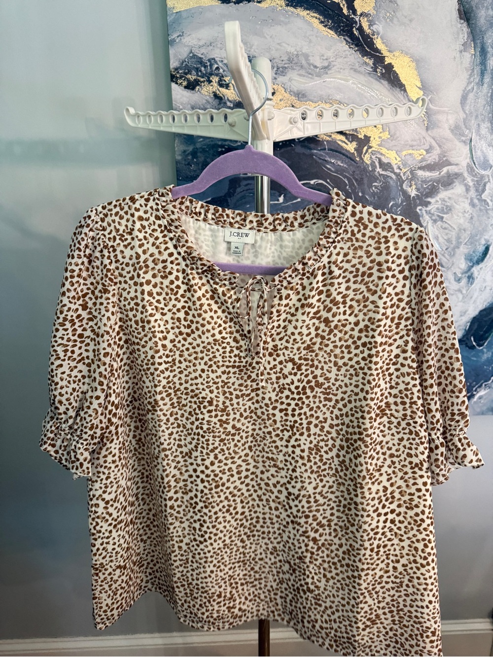 J. Crew Cream and Brown Leopard-Print Tie Neck Blouse